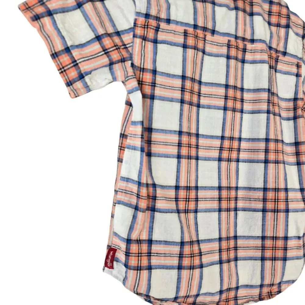 Wrangler Classic Cowboy Button Down Shirt Orange Blue White Check Pattern Size 6